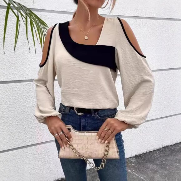 2/$40 Elegant Cutout Cold Shoulder V-Neck Blouse Black and Beige Long Sleeve Top - Picture 4 of 5